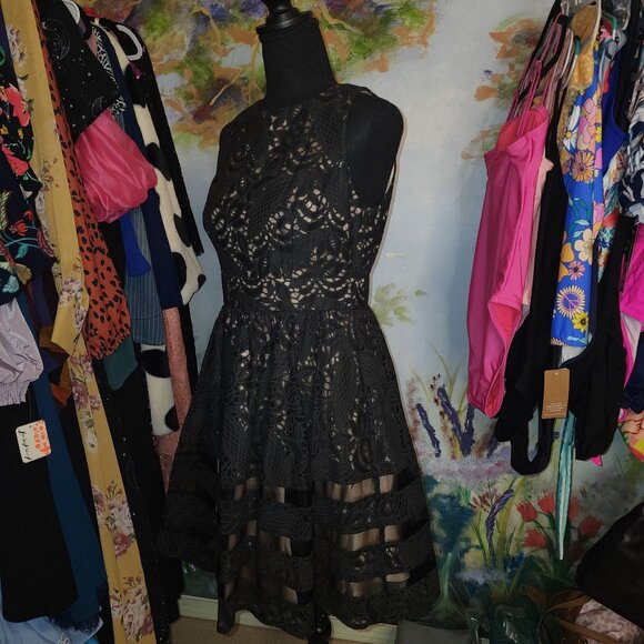 EUC Eliza J Black Lace with Mesh with Champagne Colored Liner - Picture 8 of 10